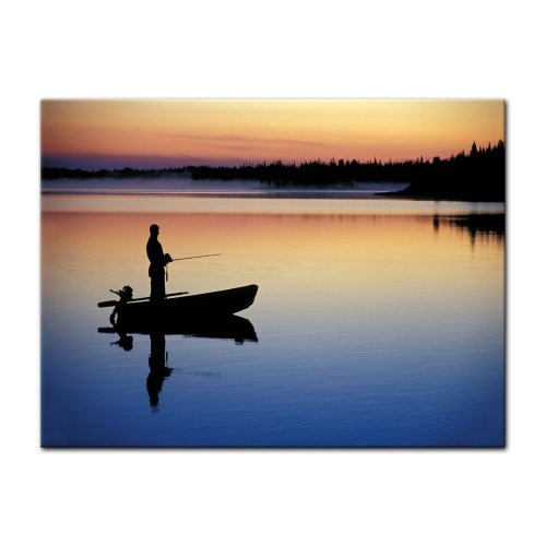 Keilrahmenbild - Angler in Norwegen - Bild auf Leinwand - 120x90 cm 1 teilig - Leinwandbilder - Bilder als Leinwanddruck - Landschaften - Europa - Silhouette eines Anglers