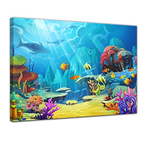 Keilrahmenbild Kinderbild Bunte Korallenwelt - 120x90 cm Bilder als Leinwanddruck Fotoleinwand Kinderbilder - Leben unter Wasser - Meeresbewohner - Fische an Einem Korallenriff