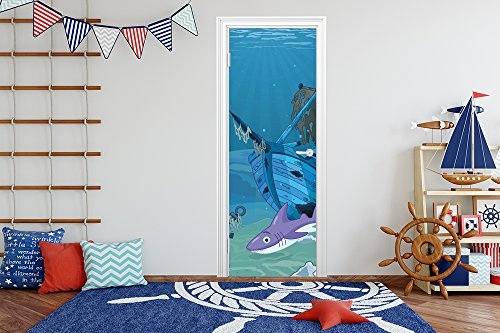 Türtapete selbstklebend Hai mit Wrack 90 x 200 cm - einteilig Türaufkleber Türfolie Türposter - Kinderzimmer Junge Mädchen Cartoon Fisch Wasser Kind Tier