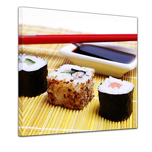 Wandbild - Sushi mit Stäbchen und Sojasoße - Bild auf Leinwand - 40 x 40 cm - Leinwandbilder - Bilder als Leinwanddruck - Essen & Trinken - kulinarisch - japanische Spezialität