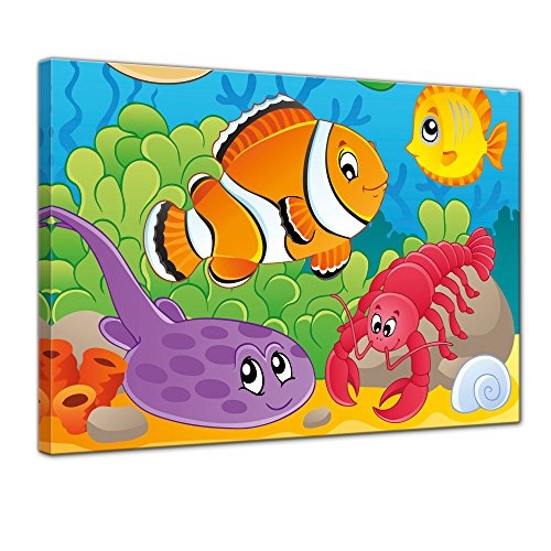Keilrahmenbild - Kinderbild Unterwasser Tiere VI - Bild auf Leinwand - 120x90 cm einteilig - Leinwandbilder - Kinder - Rochen, Fisch und Languste