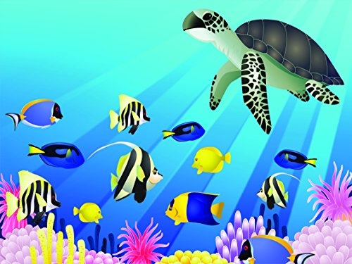 Keilrahmenbild - Kinderbild Unterwasser Tiere II - Bild auf Leinwand - 120x90 cm einteilig - Leinwandbilder - Kinder - Schildkröte schwimmt zusammen mit Fischen