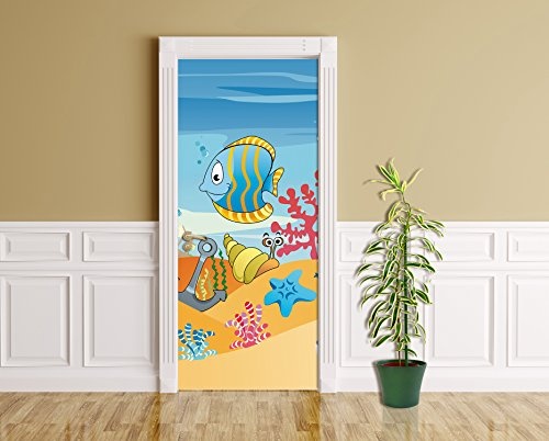 Türtapete selbstklebend Kinderbild Unterwasser Tiere VII 90 x 200 cm - einteilig Türaufkleber Türfolie Türposter - Kind Kinderzimmer bunt Farbe Comic Cartoon Fische Meer Ozean Bild
