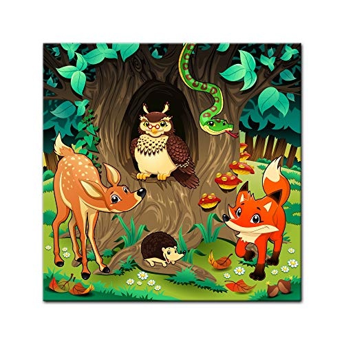 Wandbild Kinderbild Waldtiere III Cartoon - Waldgeschichten bei Frau Eule - 40 x 40 cm Bilder als Leinwanddruck Fotoleinwand Kinder Natur Tiere des Waldes