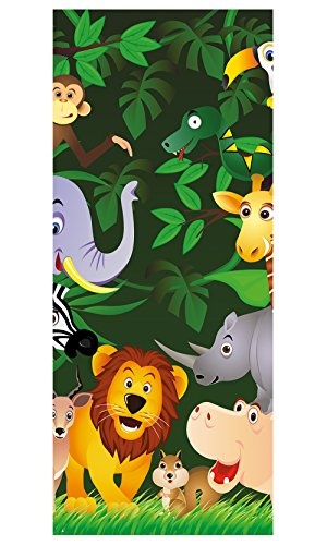 Türtapete selbstklebend Lustige Tiere im Dschungel 90 x 200 cm - einteilig Türaufkleber Türfolie Türposter - Kinderzimmer Kinderbild Junge Mädchen REH AFFE Schlange Löwe