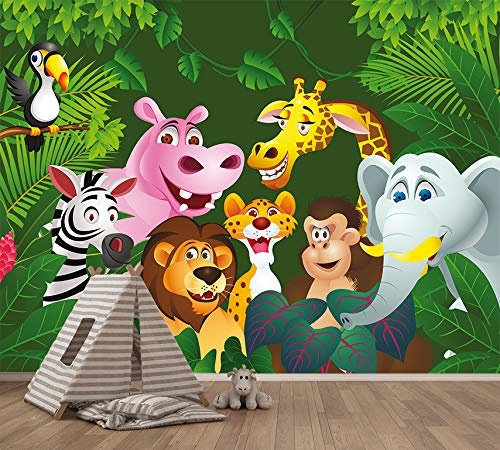 Fototapete selbstklebend Kindertapete - Dschungeltiere Cartoon IV - 265x200 cm - Wandtapete - Poster - Dekoration - Wandbild - Wandposter - Bild - Wandbilder - Wanddeko