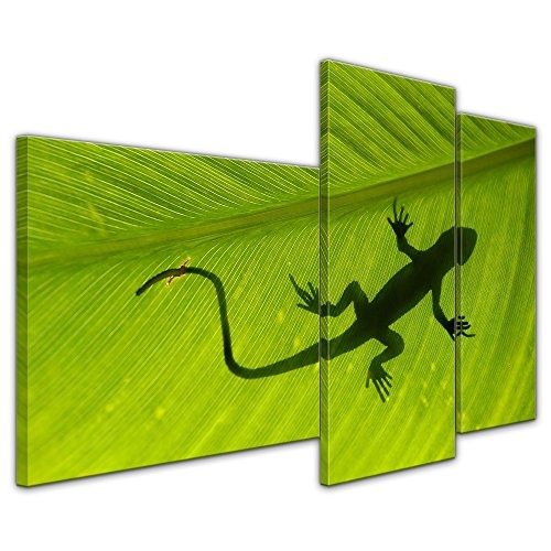 Wandbild - Gecko - Bild auf Leinwand 130 x 80 cm 3tlg - Leinwandbilder - Bilder als Leinwanddruck - Tierwelten - Natur - Gecko auf Einem grünen Blatt