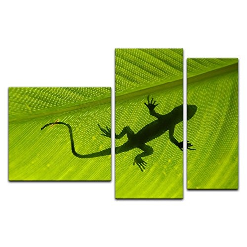 Wandbild - Gecko - Bild auf Leinwand 130 x 80 cm 3tlg - Leinwandbilder - Bilder als Leinwanddruck - Tierwelten - Natur - Gecko auf Einem grünen Blatt