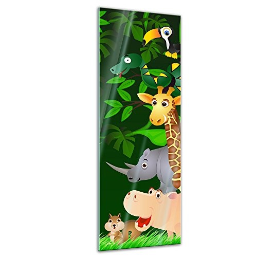 Glasbild - Kinderbild - Lustige Tiere im Dschungel - Cartoon - 30x90 cm - Deko Glas - Wandbild aus Glas - Bild auf Glas - Moderne Glasbilder - Glasfoto - Echtglas - kein Acryl - Handmade