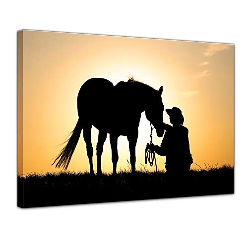Wandbild - Pferd mit Cowboy - Bild auf Leinwand - 80 x 60 cm - Leinwandbilder - Bilder als Leinwanddruck - Tierwelten - Sonnenuntergang - Pferd und Reiter
