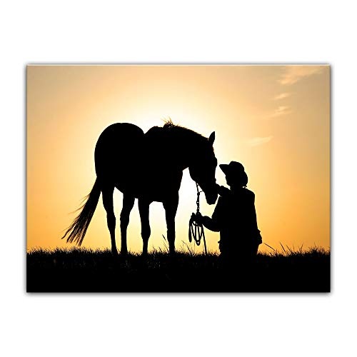 Wandbild - Pferd mit Cowboy - Bild auf Leinwand - 80 x 60...