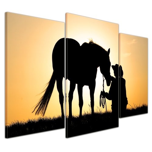 Wandbild - Pferd mit Cowboy - Bild auf Leinwand - 100x60 cm 3 teilig - Leinwandbilder - Bilder als Leinwanddruck - Tierwelten - Sonnenuntergang - Pferd und Reiter