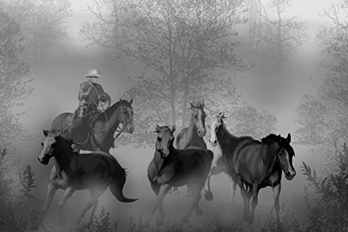 Vlies Fototapete - Cowboy mit Pferden - schwarz Weiss - 100x65 cm - mit Kleister - Poster - Foto auf Tapete - Wandbild - Wandtapete - Vliestapete
