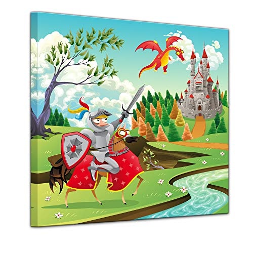 Wandbild Kinderbild Ritter und Drachen - 40 x 40 cm Bilder als Leinwanddruck Fotoleinwand Kinder Drache - Pferd und Reiter vor Einer Burg