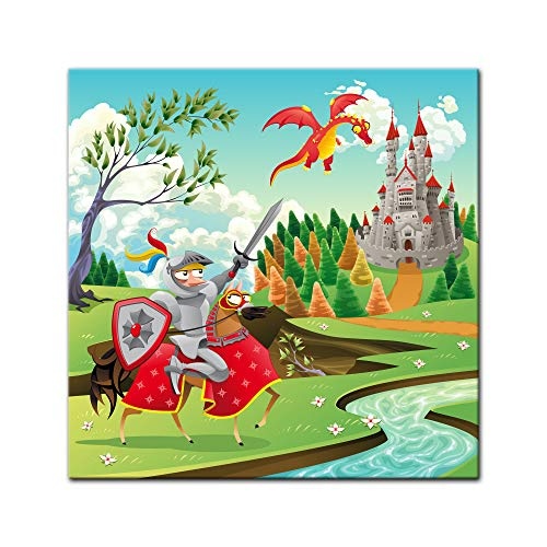 Wandbild Kinderbild Ritter und Drachen - 40 x 40 cm Bilder als Leinwanddruck Fotoleinwand Kinder Drache - Pferd und Reiter vor Einer Burg