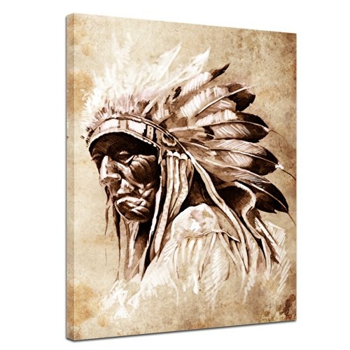 Wandbild - Indianer im Vintage Style - Bild auf Leinwand - 60x80 cm - Leinwandbilder - Urban & Graphic - Amerika - Häuptling - Federschmuck - Kopfschmuck