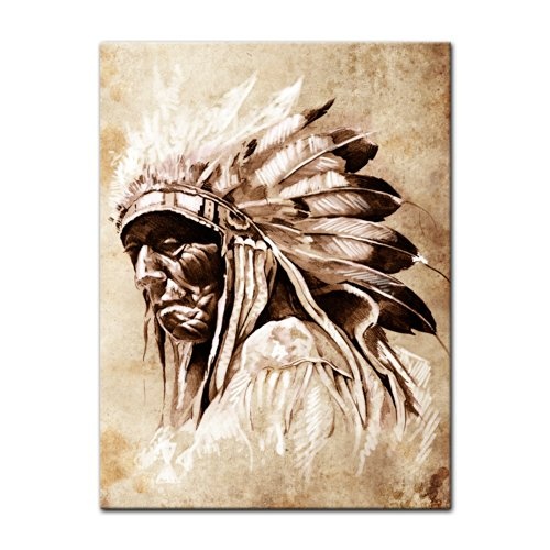 Wandbild - Indianer im Vintage Style - Bild auf Leinwand - 60x80 cm - Leinwandbilder - Urban & Graphic - Amerika - Häuptling - Federschmuck - Kopfschmuck