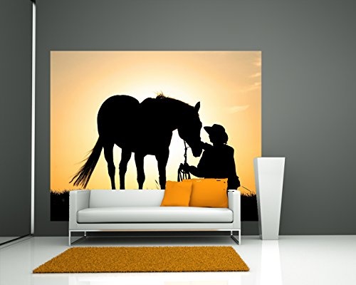 Bilderdepot24 Vlies Fototapete - Pferd mit Cowboy - 220x180 cm - mit Kleister - Poster - Foto auf Tapete - Wandbild - Wandtapete - Vliestapete