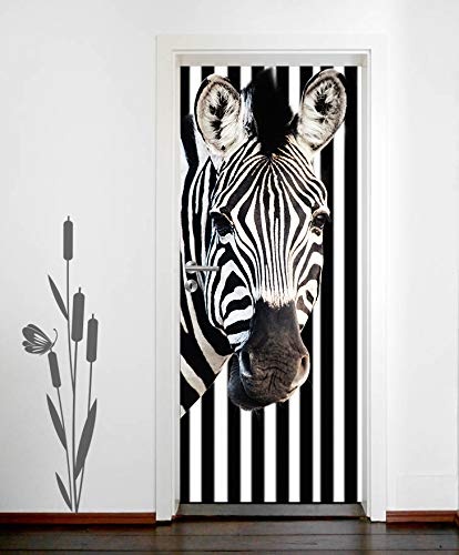 Türtapete selbstklebend Zebra vor Einem gestreiften Hintergrund 90 x 200 cm - einteilig Türaufkleber Türfolie Türposter - Tier gestreift schwarz Weiss Pferd Streifenmuster Afrika Wildtier Tierbild