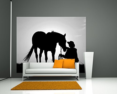 Fototapete selbstklebend Pferd mit Cowboy - schwarz weiß 120x100 cm - Wandtapete - Poster - Dekoration - Wandbild - Wandposter - Bild - Wandbilder - Wanddeko