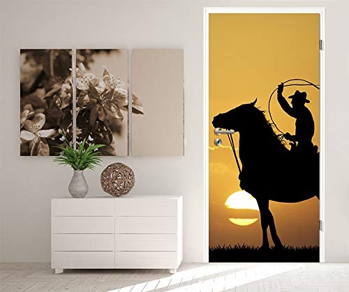 Türtapete selbstklebend Rodeo Cowboy 90 x 200 cm - einteilig Türaufkleber Türfolie Türposter - reiten Wilder Westen Ranch Sport Lasso Pferd