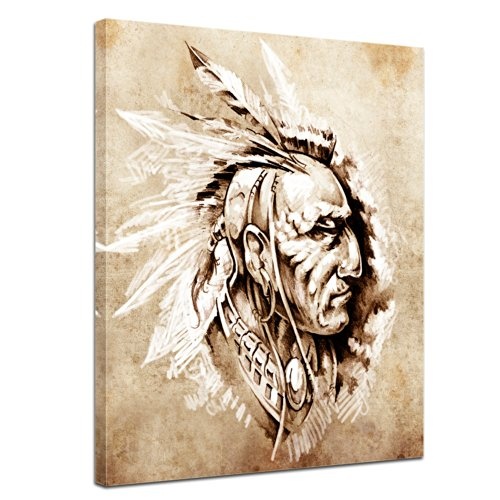 Wandbild - Indianer II, Tattoo Art - Bild auf Leinwand - 30x40 cm - Leinwandbilder - Urban & Graphic - Amerika - Federschmuck - Kopfschmuck