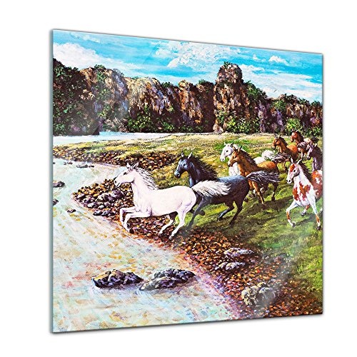 Bilderdepot24 Glasbild Kunstdruck - Pferde in der Prärie - 20 x 20 cm - Deko Glas - brilliante Farben, inkl. Aufhängung