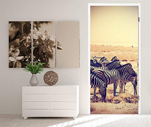 Türtapete selbstklebend Zebras im Sonnenuntergang Vintage 90 x 200 cm - einteilig Türaufkleber Türfolie Türposter - Tier gestreift schwarz Weiss Pferd Streifenmuster Afrika Wildtier Tierbild