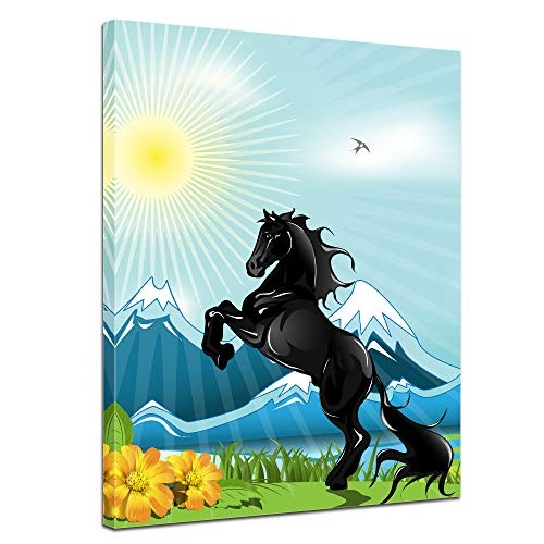 Keilrahmenbild Kinderbild Pferd - 90 x 120 cm Bilder als Leinwanddruck Fotoleinwand Kinder Berge - Sonne und Hengst