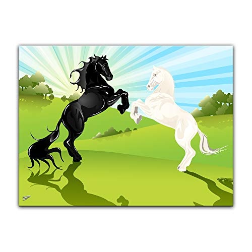 Keilrahmenbild Kinderbild springende Pferde - 120 x 90 cm Bilder als Leinwanddruck Fotoleinwand Kinder Natur Hengst und Schimmel vor Sonnenaufgang