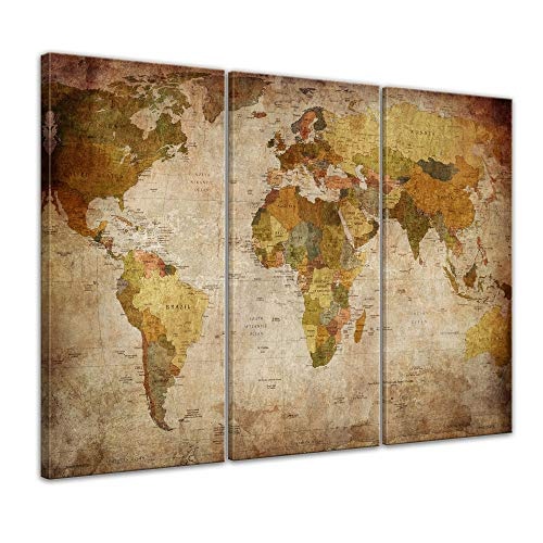 Wandbild - Weltkarte Retro - Bild auf Leinwand - 150 x 90...