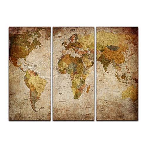Wandbild - Weltkarte Retro - Bild auf Leinwand - 150 x 90 cm 3tlg - Leinwandbilder - Bilder als Leinwanddruck - Urban & Graphic - Landkarte im Vintage-Stil