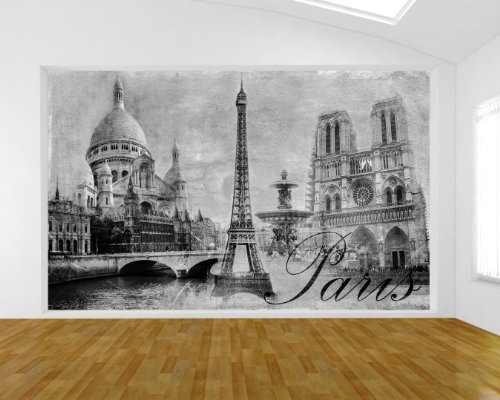 Bilderdepot24 Fototapete selbstklebend Paris - schwarz weiß 420x270 cm - Designtapete Wallpaper Print - Vintage Retro Collage Stadtbild