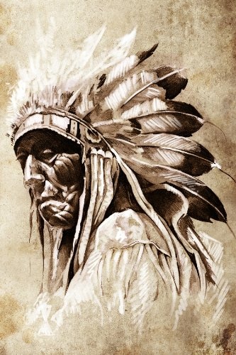 Fototapete selbstklebend Indianer im Vintage Style - 100x150 cm - Wandtapete - Poster - Dekoration - Wandbild - Wandposter - Bild - Wandbilder - Wanddeko