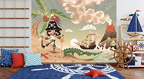 Fototapete selbstklebend Kindertapete - Pirat auf Insel - Cartoon - Vintage - 130x100 cm - Wandtapete - Poster - Dekoration - Wandbild - Wandposter - Bild - Wandbilder - Wanddeko