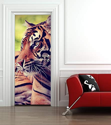 Bilderdepot24 Türtapete selbstklebend ruhender Tiger Vintage 90 x 200 cm - einteilig Türaufkleber Türfolie Türposter - Raubkatze Großkatze Asien Streifenmuster Tier Wildnis