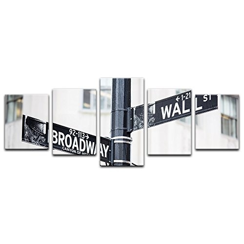 Wandbild - Wallstreet - Broadway - Strassenschild - Bild auf Leinwand - 200x80 cm fünfteilig - Leinwandbilder - Städte & Kulturen - New York - Finanzdistrikt in Manhattan