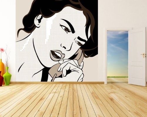 Fototapete selbstklebend Pop-Art Frau mit Telefon - sephia 420x420 cm - Wandtapete - Poster - Dekoration - Wandbild - Wandposter - Bild - Wandbilder - Wanddeko