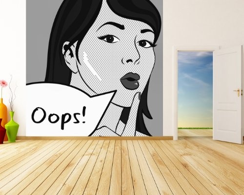 Fototapete selbstklebend Pop-Art Oops Frau - schwarz weiß 200x200 cm - Wandtapete - Poster - Dekoration - Wandbild - Wandposter - Bild - Wandbilder - Wanddeko