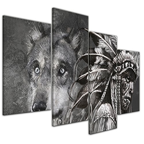 Wandbild Wolf und Häuptling, Tattoo Art - 120x80 cm Bilder als Leinwanddruck Fotoleinwand Urban & Graphic - Indianer - Tiere - Zeichung eines Indianers