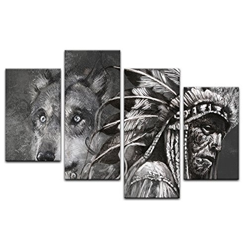 Wandbild Wolf und Häuptling, Tattoo Art - 120x80 cm Bilder als Leinwanddruck Fotoleinwand Urban & Graphic - Indianer - Tiere - Zeichung eines Indianers