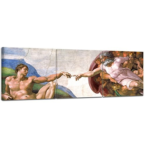 Wandbild Michelangelo Die Erschaffung Adams - 180x60cm Panorama mehrteilig quer - Alte Meister Berühmte Gemälde Leinwandbild Kunstdruck Bild auf Leinwand