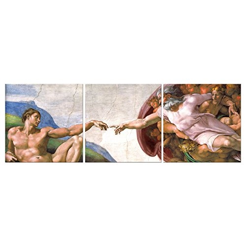 Wandbild Michelangelo Die Erschaffung Adams - 180x60cm Panorama mehrteilig quer - Alte Meister Berühmte Gemälde Leinwandbild Kunstdruck Bild auf Leinwand