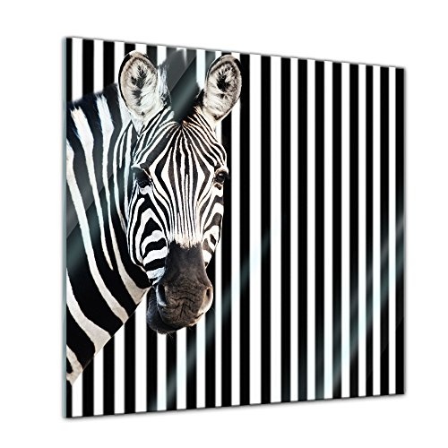Glasbild - Zebra vor Einem gestreiften Hintergrund - 30x30 cm - Deko Glas - Wandbild aus Glas - Bild auf Glas - Moderne Glasbilder - Glasfoto - Echtglas - kein Acryl - Handmade