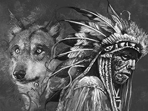 Fototapete selbstklebend Wolf und Häuptling, Tattoo Art - schwarz weiß 300x230 cm - Wandtapete - Poster - Dekoration - Wandbild - Wandposter - Bild - Wandbilder - Wanddeko