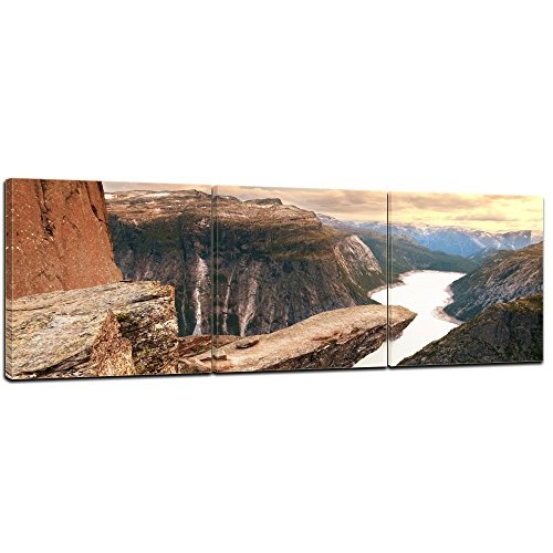 Wandbild - Trolltunga Norwegen - Bild auf Leinwand - 180x60 cm 3tlg - Leinwandbilder - Landschaften - Sørfjord - Felsvorsprung - Trollzunge im Sonnenuntergang