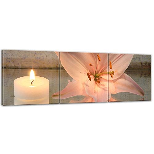 Wandbild - Lilie und Kerze - Bild auf Leinwand - 120 x 40 cm 3tlg - Leinwandbilder - Bilder als Leinwanddruck - Geist & Seele - Zeichnung - Blüte mit Wachskerze