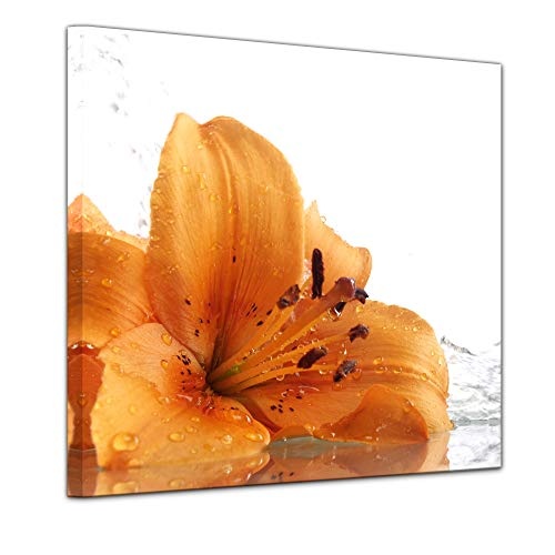 Wandbild - Lilie II - Bild auf Leinwand - 40 x 40 cm - Leinwandbilder - Bilder als Leinwanddruck - Pflanzen & Blumen - Natur - orangene Lilie mit Wassertropfen
