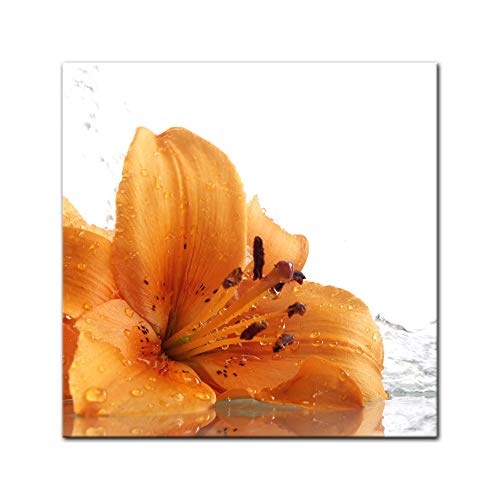 Wandbild - Lilie II - Bild auf Leinwand - 40 x 40 cm - Leinwandbilder - Bilder als Leinwanddruck - Pflanzen & Blumen - Natur - orangene Lilie mit Wassertropfen