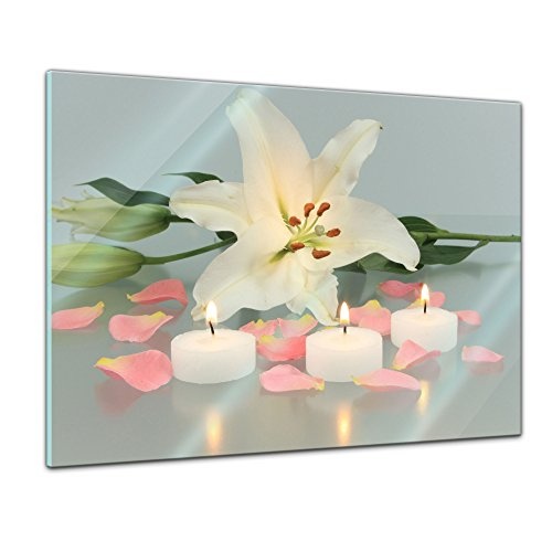 Glasbild - Lilie mit 3 Kerzen - 80 x 60 cm - Deko Glas - Wandbild aus Glas - Bild auf Glas - Moderne Glasbilder - Glasfoto - Echtglas - kein Acryl - Handmade